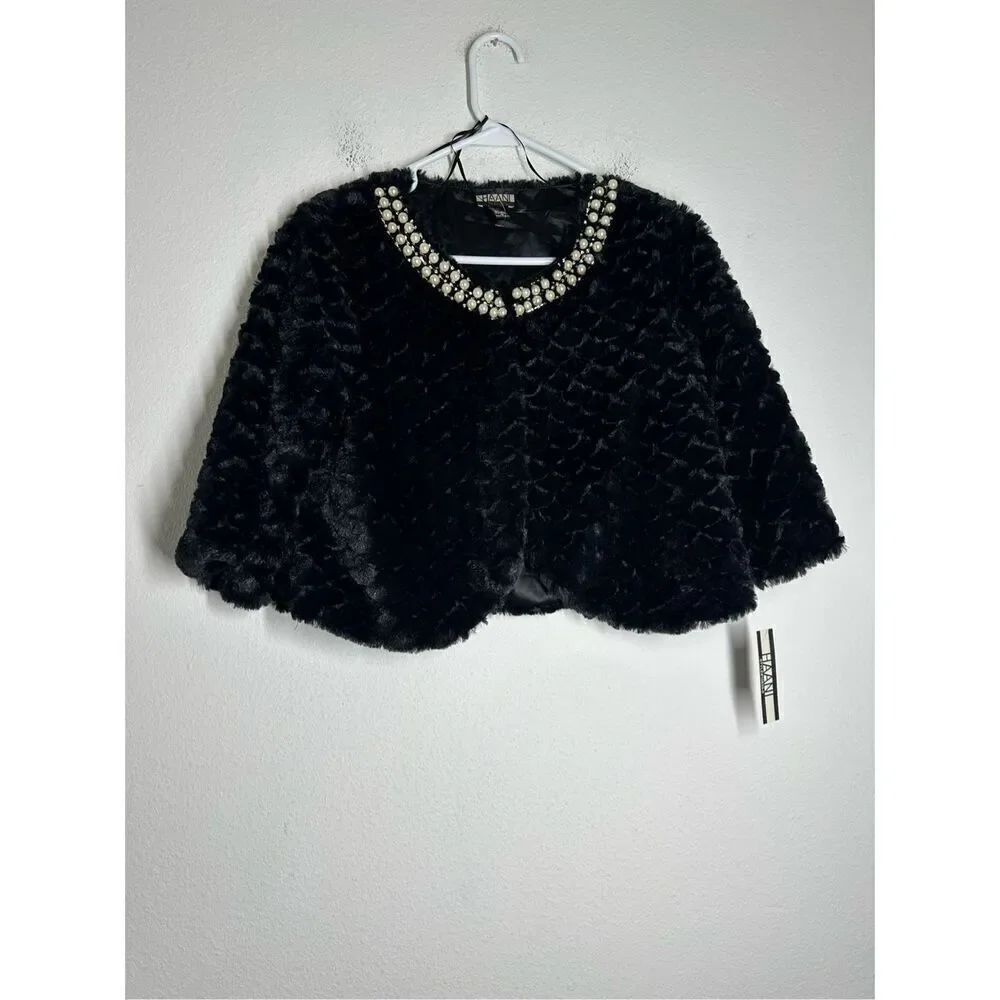 NWT Haani Fabulous Furs Faux Fur Shortie Jacket Rhinestone Pearl Black Sz M